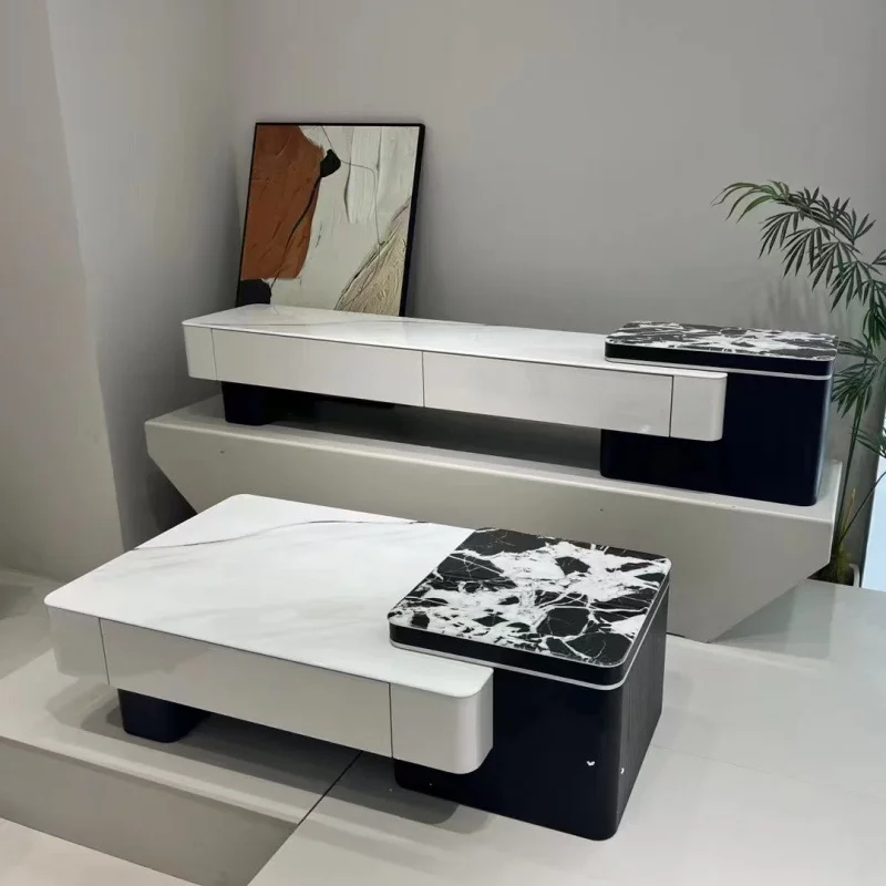 

#Modern Luxury Living Room TV Cabinet Elegant TV Stand Center Table Set with Small Rock Slab Side Coffee Table and Drawer