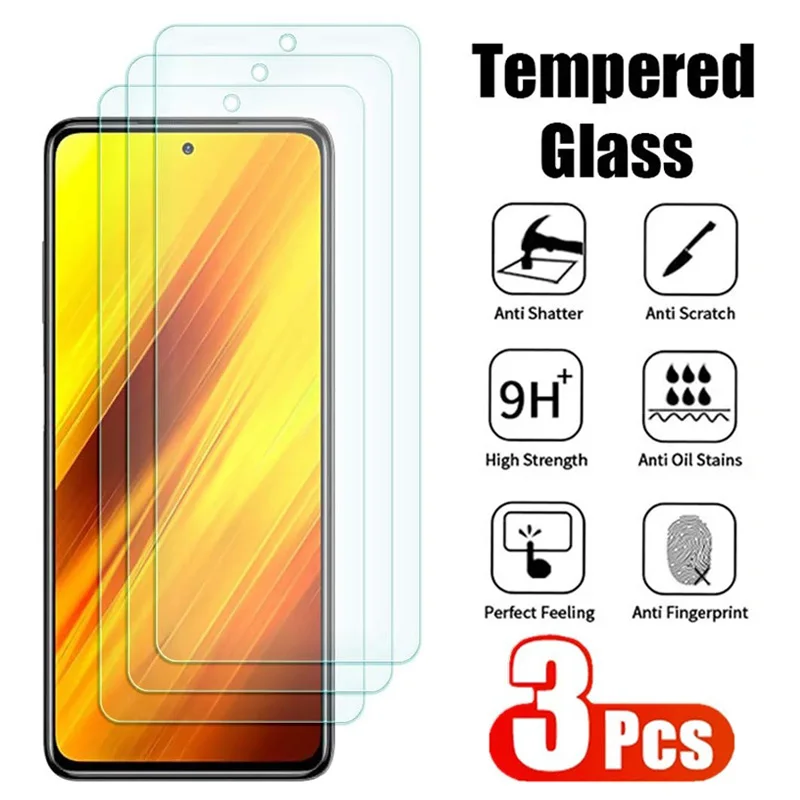 3Pcs 9H Hardness Tempered Glass For POCO X3 NFC X4 X5 X6 Pro Screen Protector For poco F3 F4 GT F5 F6 M6 4G 5G Protective Film