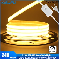 220V Dimmable COB LED Neon Strip With Switch/Dimmer Plug RA90 Built-in Rectifier IC Adhesive Light 240LEDs/M Outdoor Ribbon Tape