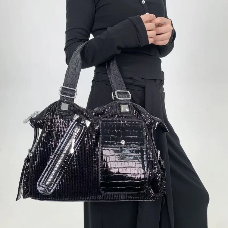 

Black Sequin Shoulder Bag Women's Y2k Style Large Capacity Multi-pocket Crossbody Bag Shiny Crocodile Pattern Pu Leather Handbag