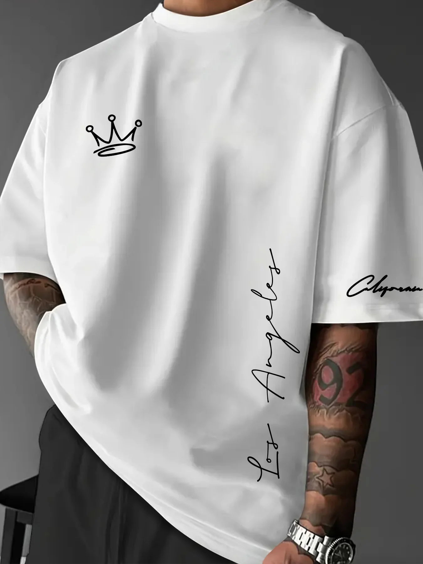 Men's Minimalist Streetwear T-Shirt Los Angeles Script & Crown Graphic Print Crew Neck Short Sleeve Polyester Tops S-XXL
