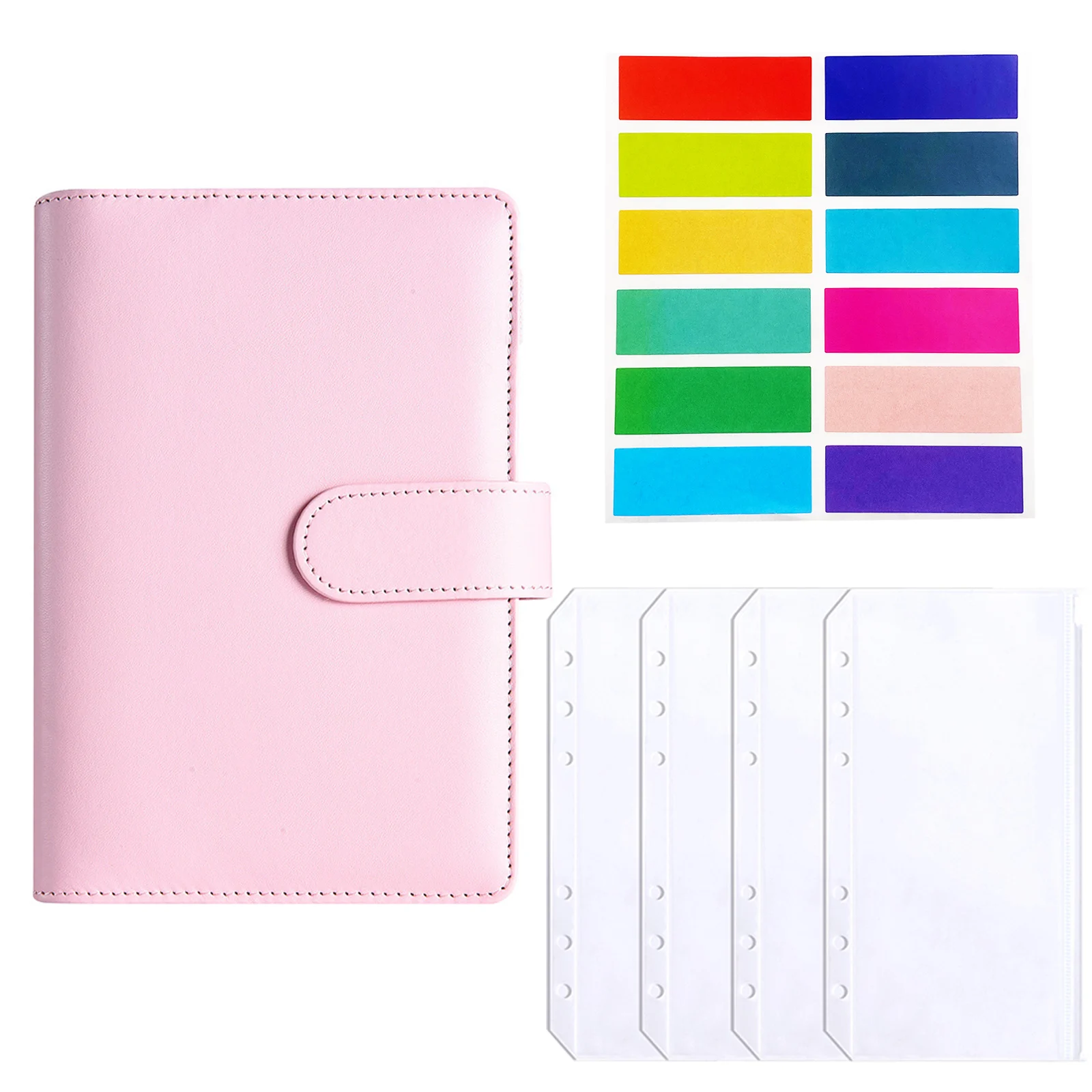 A6 Budget Binder, Money Organizer for Cash with 4pcs Zipper Envelopes and 1pcs Sticky Labels, Money Saving Binder for Budgeting