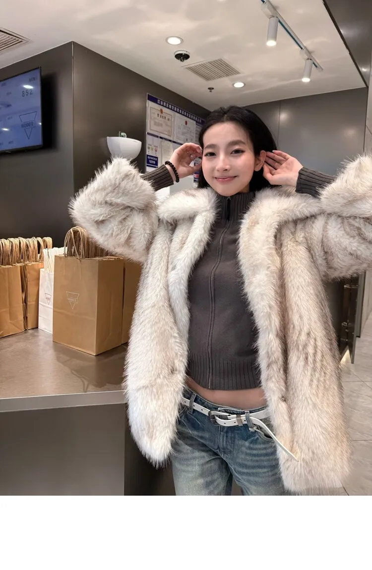 Winter Women Gradient White With Black Tips Long Hairy Shaggy Fox Faux Fur Coat Lapel Collar Midi Long Straight Shaggy Outerwear