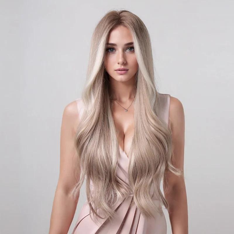 Natural Synthetic Wig Blonde with White Highlight Dark Roots Synthetic Hair Wigs for Women Long Wavy Cosplay Wig Heat Resistant