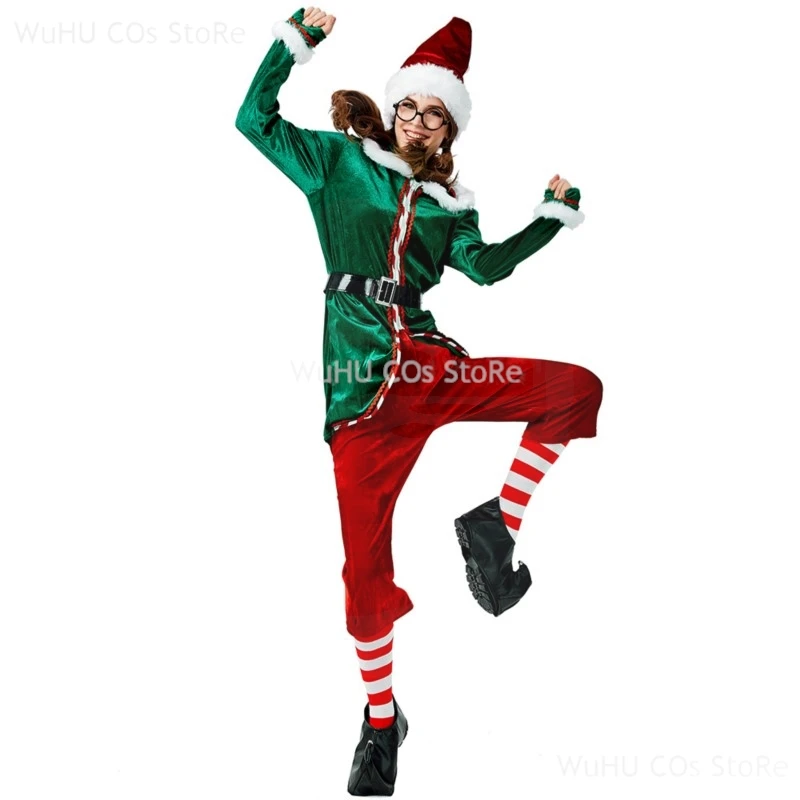

Deluxe Adult Christmas Santa Claus Costume Green Xmas Elf Disguise Couple Cosplay Carnival New Year Party Fancy Dress Outfit