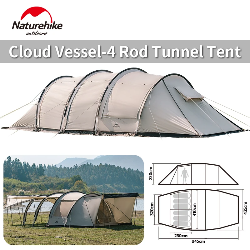 Naturehike 4 Rod Tunnel Tent Outdoor Camping Large Space Tent 4 Season 2 Rooms 1 Hall 4-6 Person 20㎡ Sunscreen With Snow Skirt