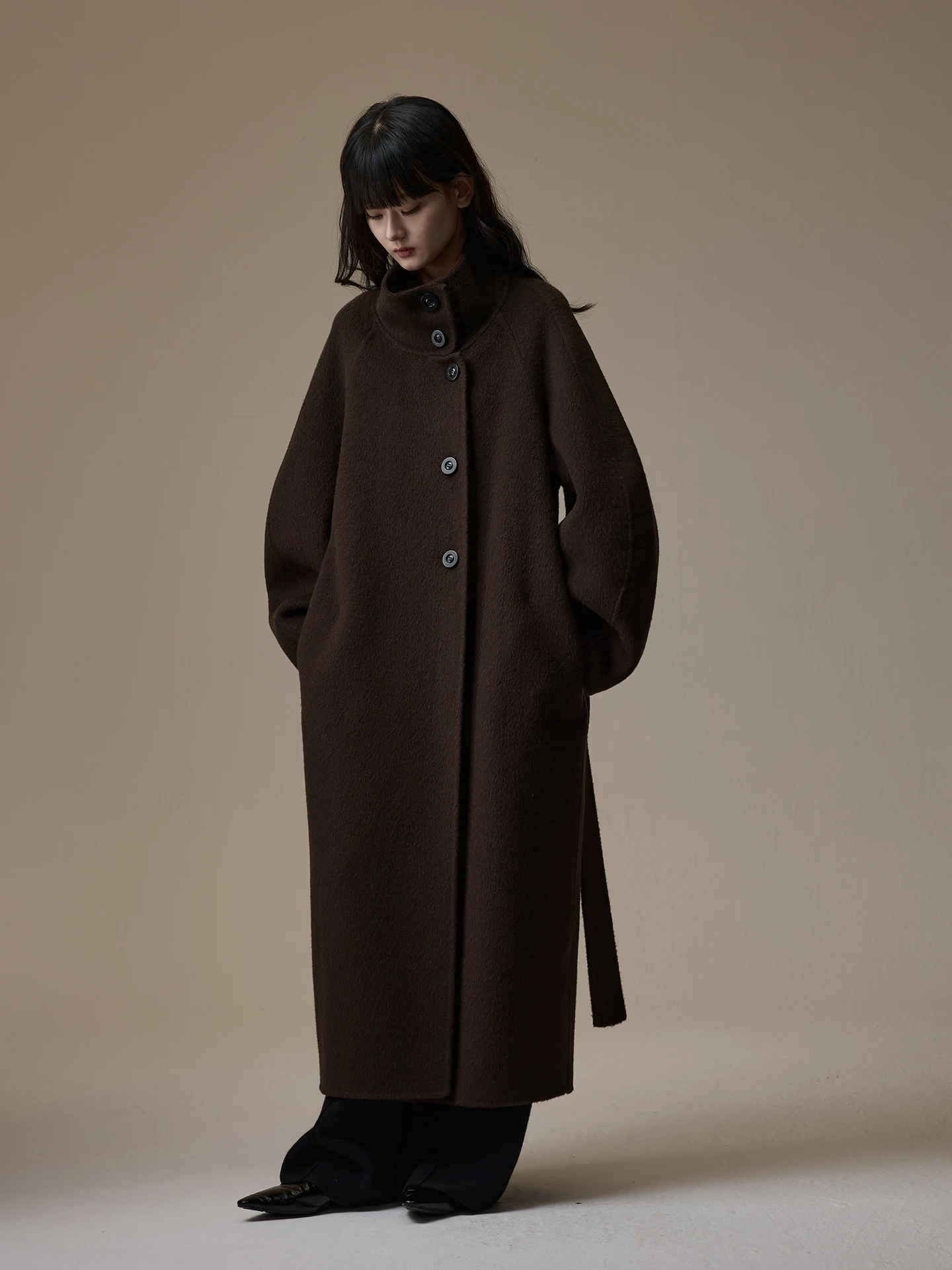 

Double-Faced Wool Autumn Winter Coffee Color Stand Collar Loose Silken pe Coat INOUT Q2025 Commute Simple Sle Long Sve