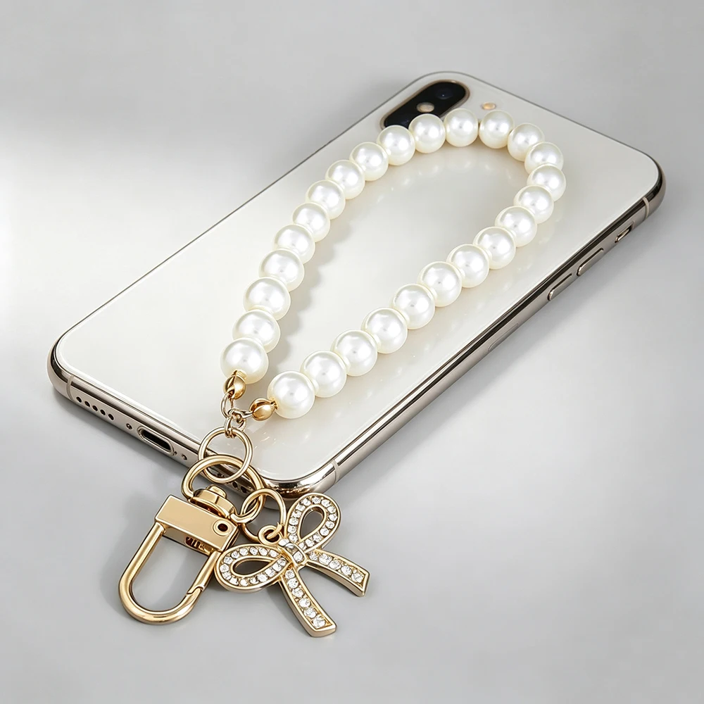 Elegant Pearl Cell Phone Straps with Sparkling Bow Charm Anti-lost Smartphone Lanyard Key Chain for Women Universal Compatible