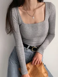 Women Cotton Ribbed Square Neck Crop Top With Long Sleeve