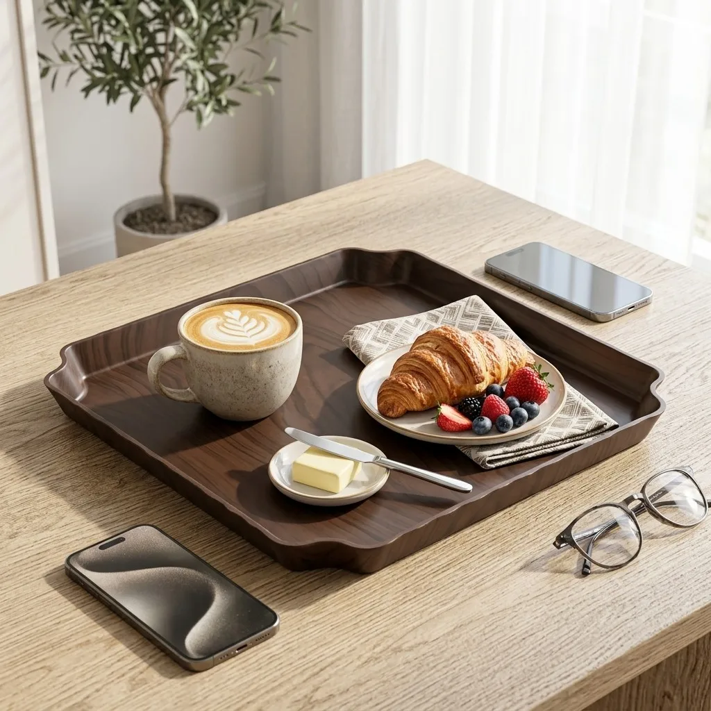 Plastic Storage Tray Wood Grain Decorative Stackable Breakfast Coffee Dessert Food Serving Tray Home Kitchen Storage Organizer