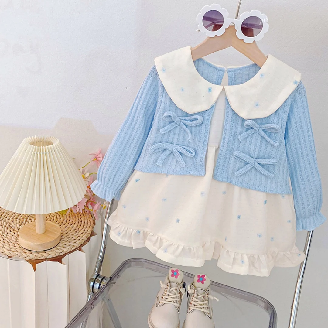 طفلة ملابس الربيع والخريف القوس دمية طوق وهمية قطعتين طويلة الأكمام الفتيات فستان لطيف بسيط طفلة فستان #3