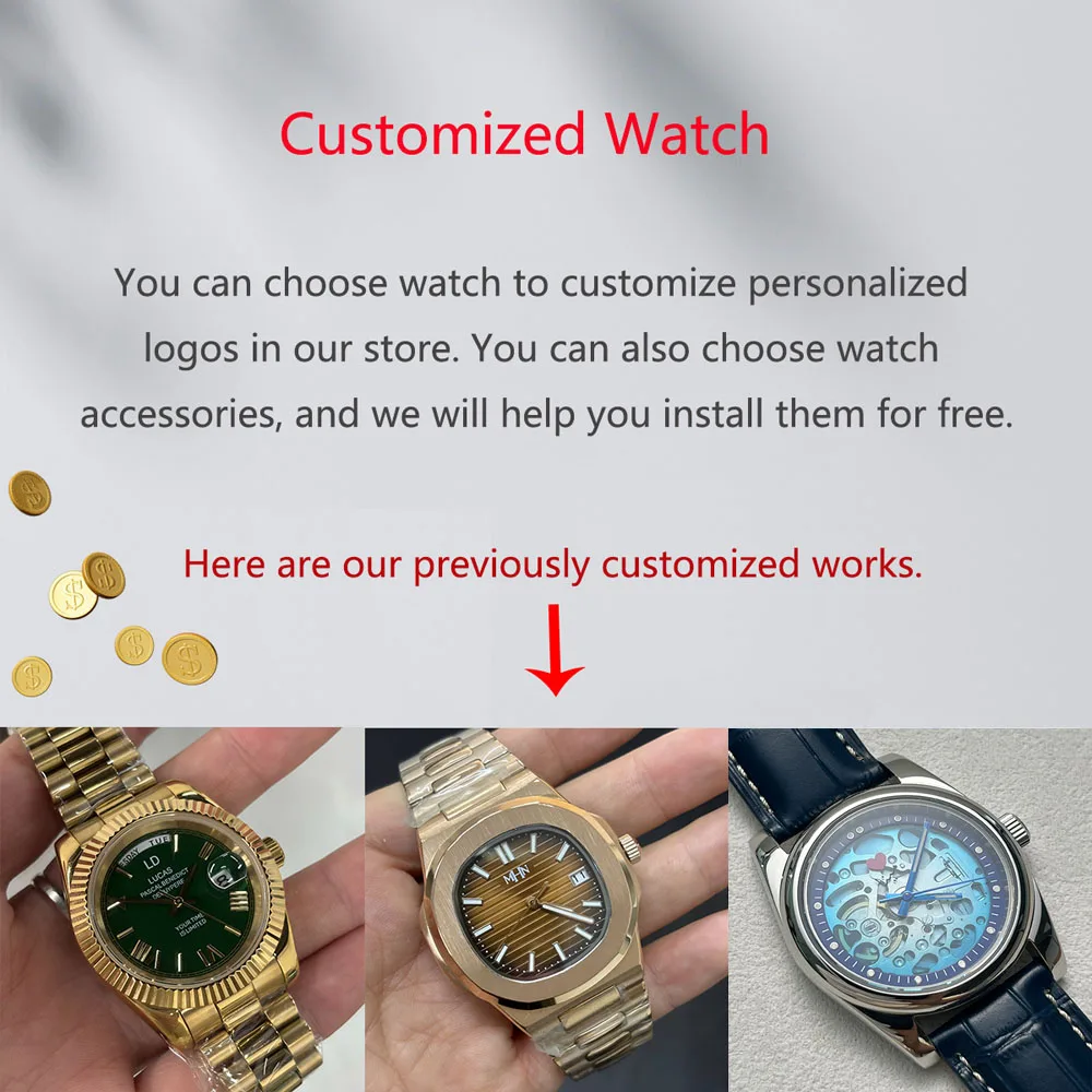 Luxuriöse Herrenuhr mit individuellen Logos mit NH34/NH35/NH36/NH38/NH39/NH70/NH72 oder einem anderen japanischen automatischen mechanischen Uhrwerk