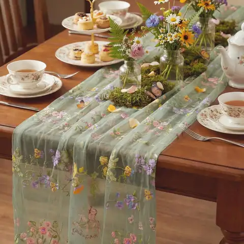 Embroidery Wildflower Tulle Spring Table Runner 10ft Summer Butterfly Kitchen Decoration for Wedding Baby Shower Birthday Party