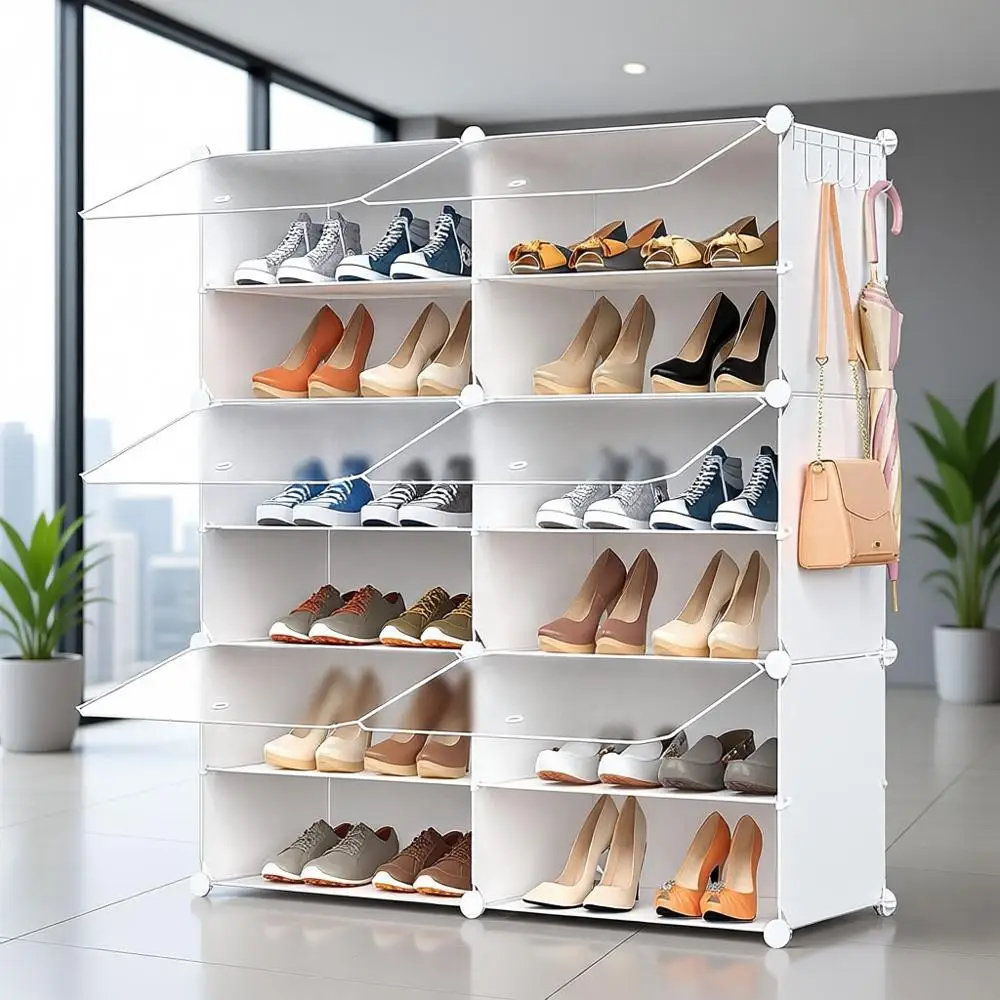 

24-Pair Shoe Storage Rack Organizer with Door and Shelves for Closets, Entryways, Hallways, and Bedrooms