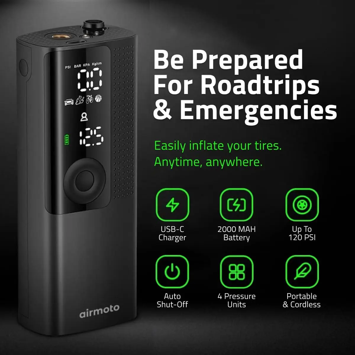 Portable Tire Inflator with Digital Gauge, Auto Shut-Off, LED Light - Cordless Pump for Car, Motorcycle, Bicycle