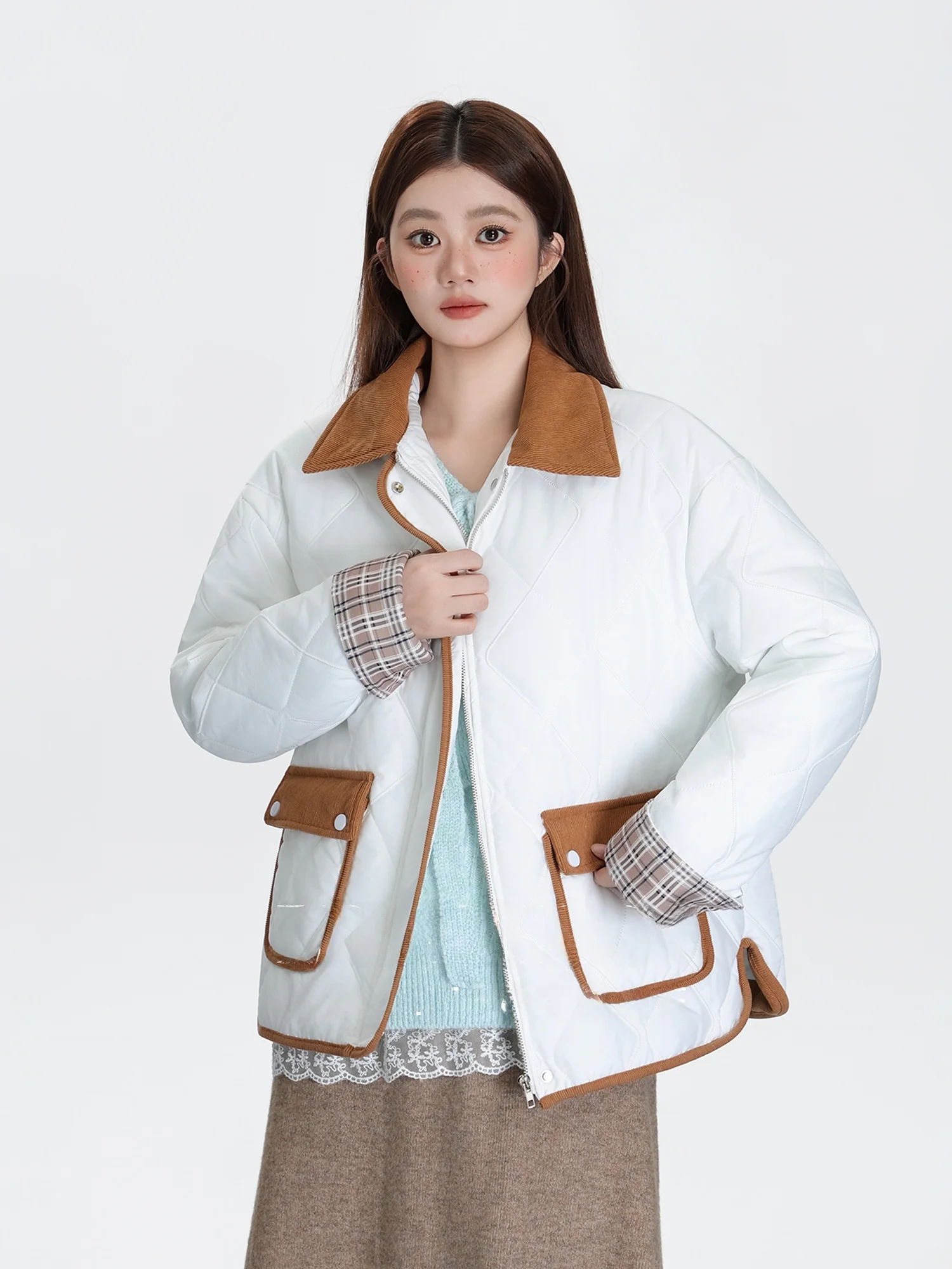 

Retro Diamond id Collar Splicing Cotton Jaet Women's Winter New Loose Warm Cotton Coat Outerwear Long Sve Zipper Closure