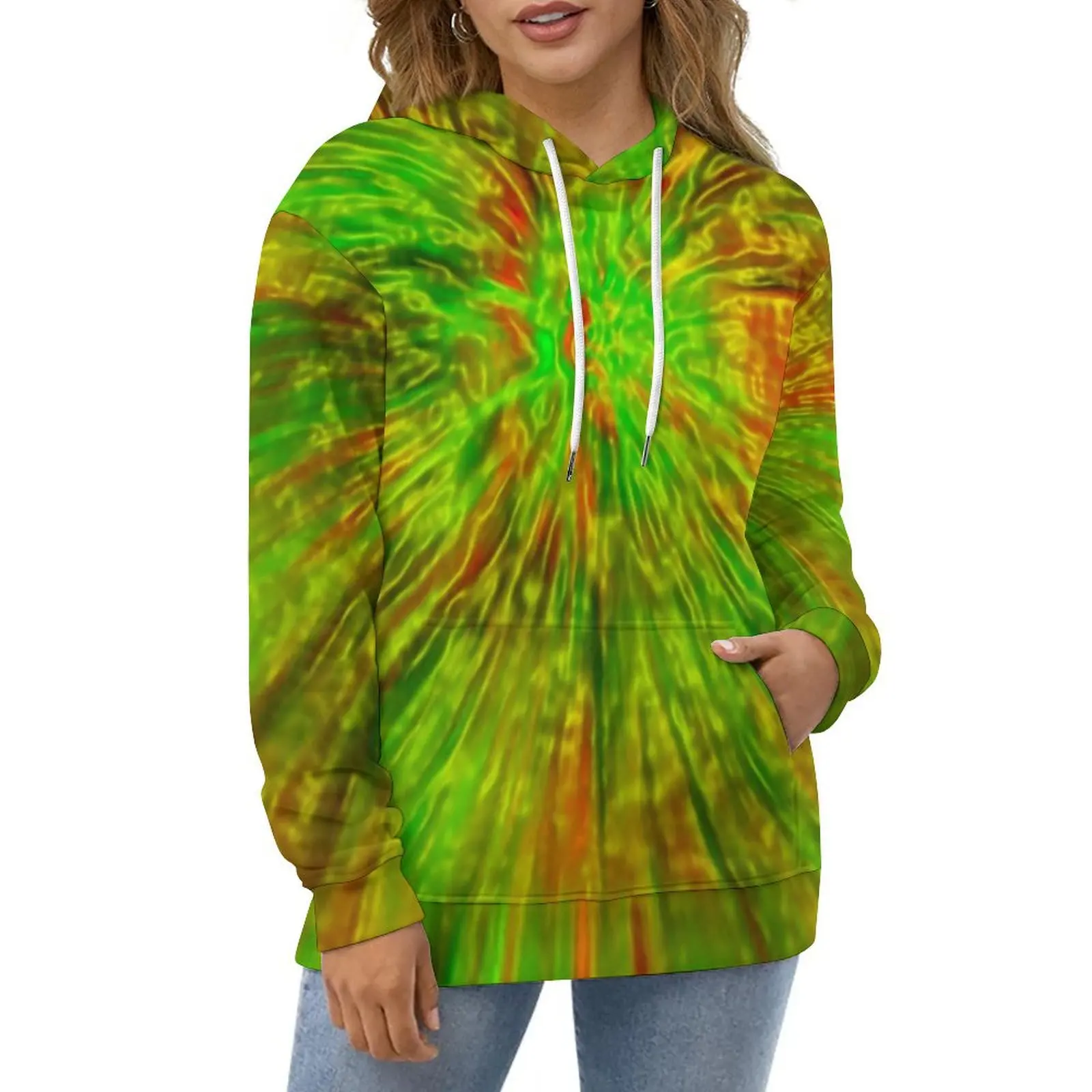 

Green Tie Dye Casual Hoodies Abstract Print Aesthetic Hoodie Female Long Sleeve Hip Hop Custom Loose Oversize Sweatshirts