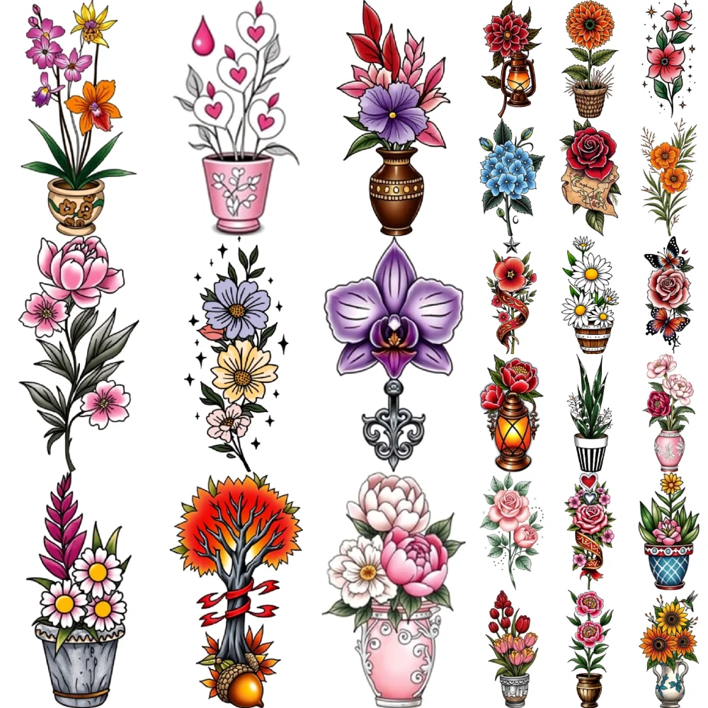 

28pcs Temporary Tattoo New School Traditional Decorative Flowers Sunflowers Lantern With Flowers For Men Adults Arms