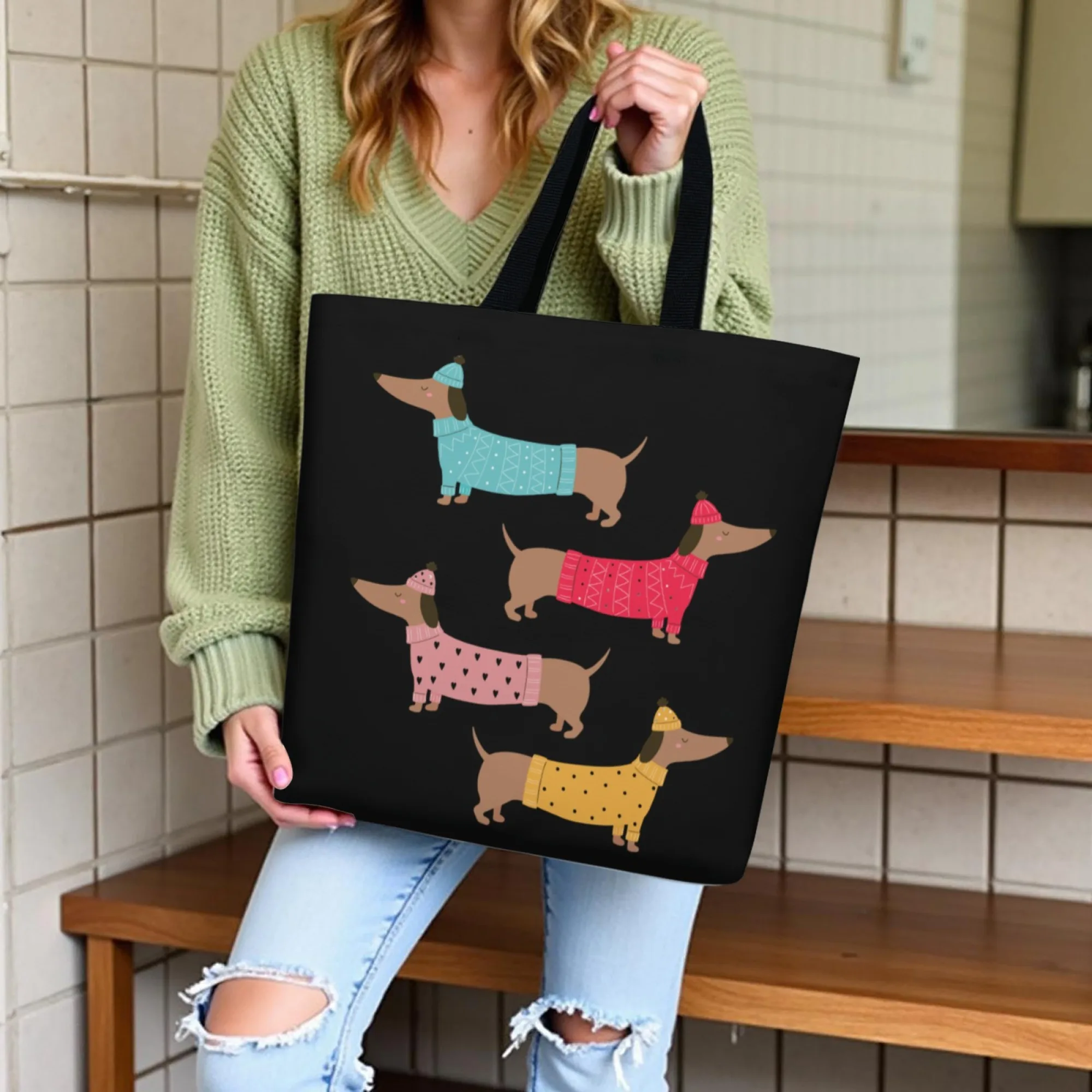 Adorable Dog Tote Bag Dachshund Pattern Print Canvas Reusable Shoulder Bag Gift for Animal Enthusiasts & Trend Pet Owner Fans