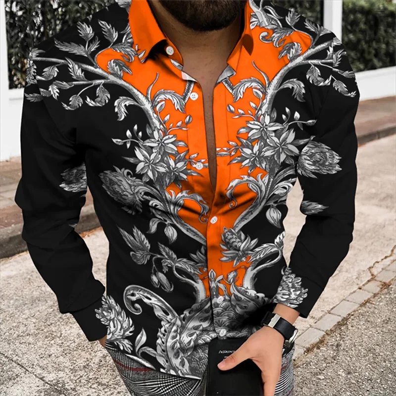Men's long-sleeved lapel Hawaiian shirt European court vintage floral pattern 3D printed shirt Men's fashionable casual button