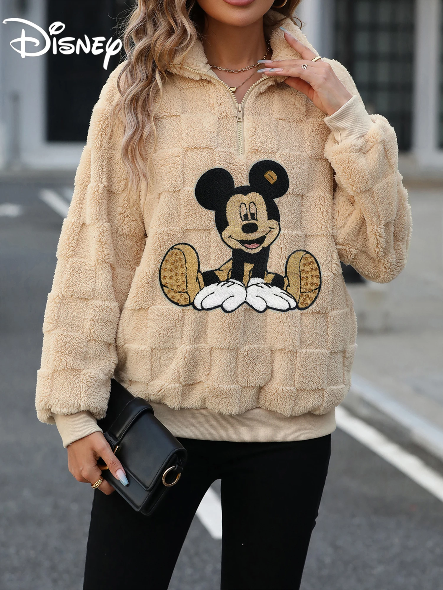 Disney 2024 Women Anime Fashion Zipper Mickey Mouse Embroidery Hoodies Autumn Winter Velour Warm Coat Clothing