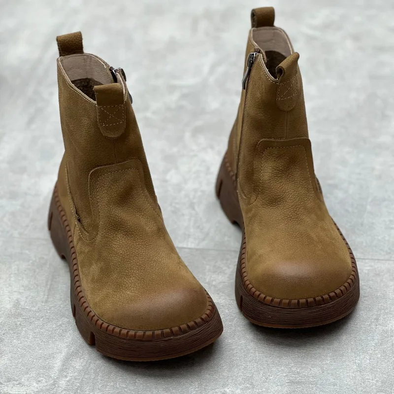 

Women Genuine Leather Short Boots Round Toe Genuine Leather Handmade Retro Street Style Winter Warm Flats Ankle Boots