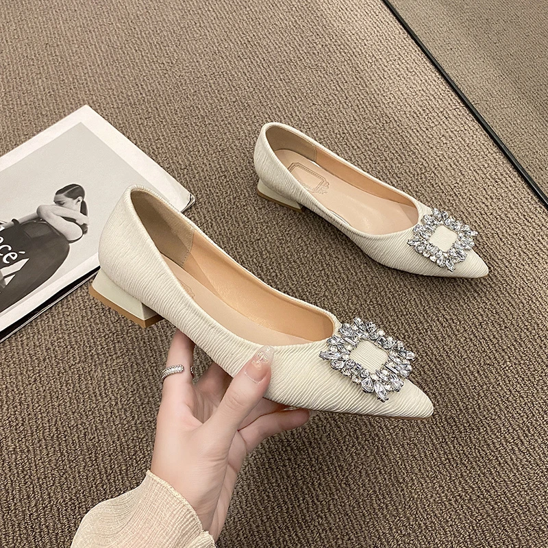 

Luxurious Rhinestone Buckle Decor Point Toe Chunky Heeled Pumps Elegant Party Wedding Shoes Low Heel Comfort Office Work Shoes
