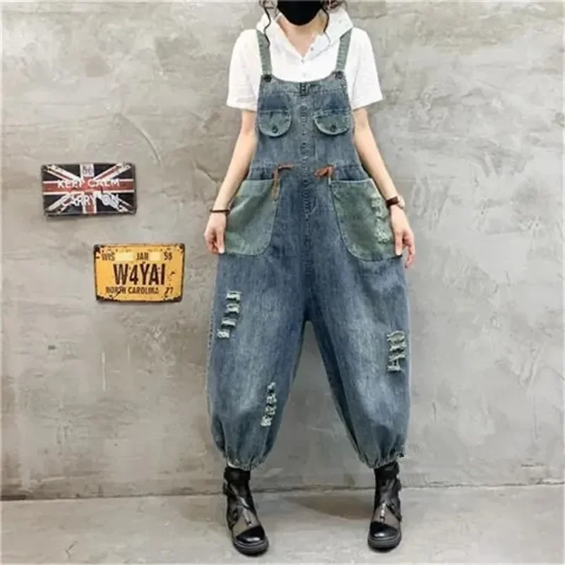 High Street Women Clothing Holes Denim Suspenders Spring Autumn New Korean Fashion Color Contrast Printed Female Loose Jumpsuit