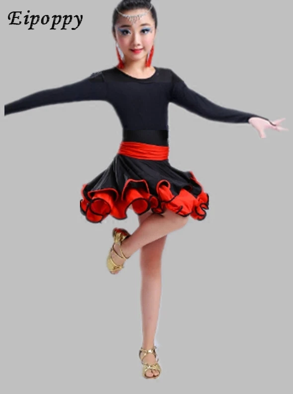 Kinder Latin Dance Übungs kleidung Show Performance Spiel Kostüm Langarm Kinder neues Kleid weiblichen Tanzrock