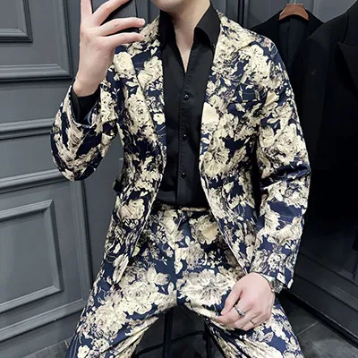 Spring and Autumn New Men's Unique Personality Navy Blue Red White Black Floral Print Blazer High Waist Straight-Leg Pants Suit