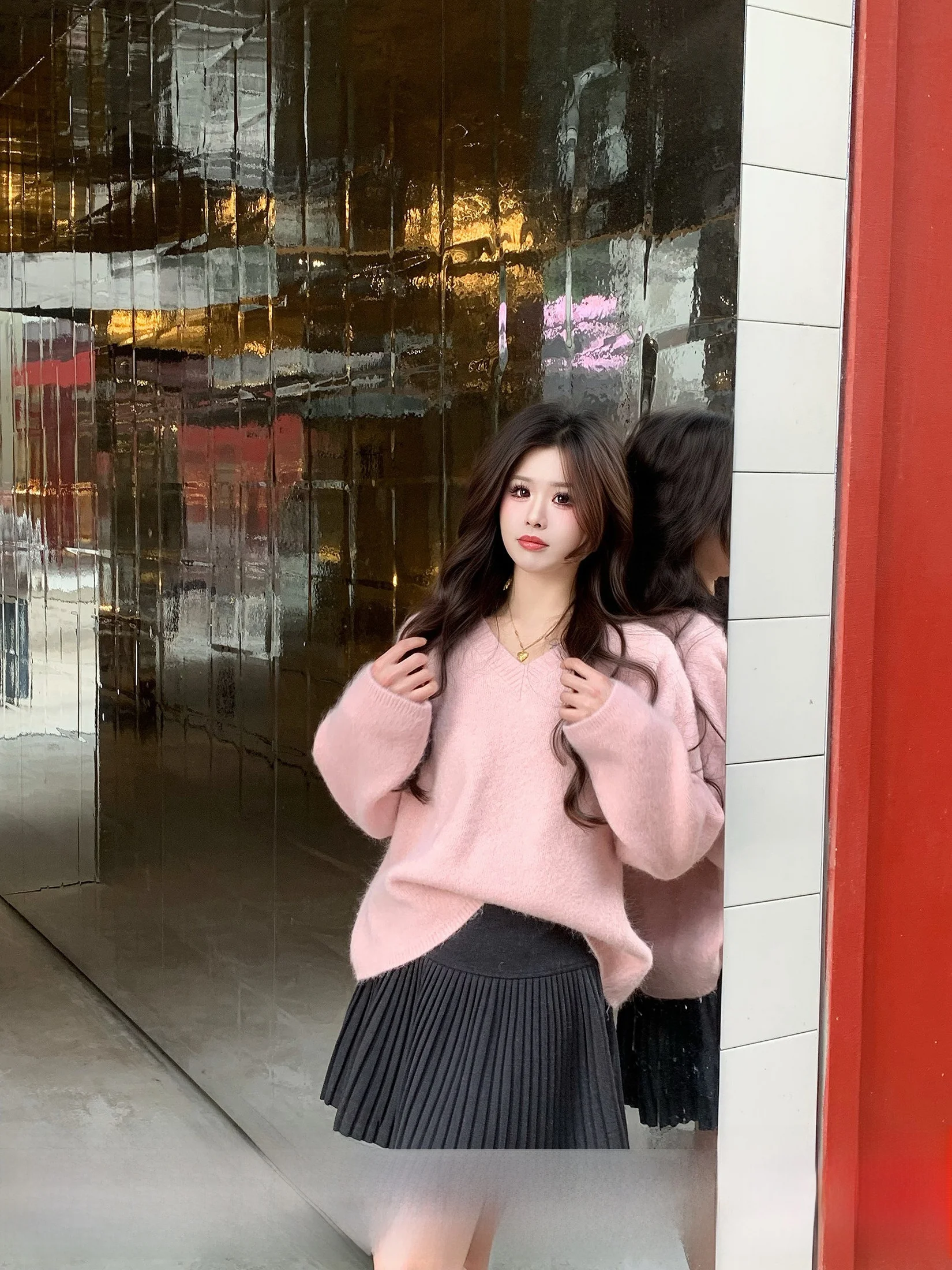 

Мягкий хлопковый свитер из трикотажа с воротником-сердечком из кроличьего меха, свободный крой, зимний, повседневный, модный, с длинными рукавами