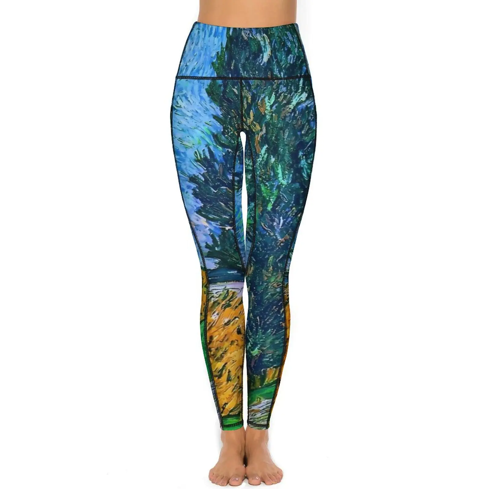 Van gogh leggings sexy estrada com cipreste e estrela push up calças de yoga respirável elástico leggins feminino fitness esportes collants