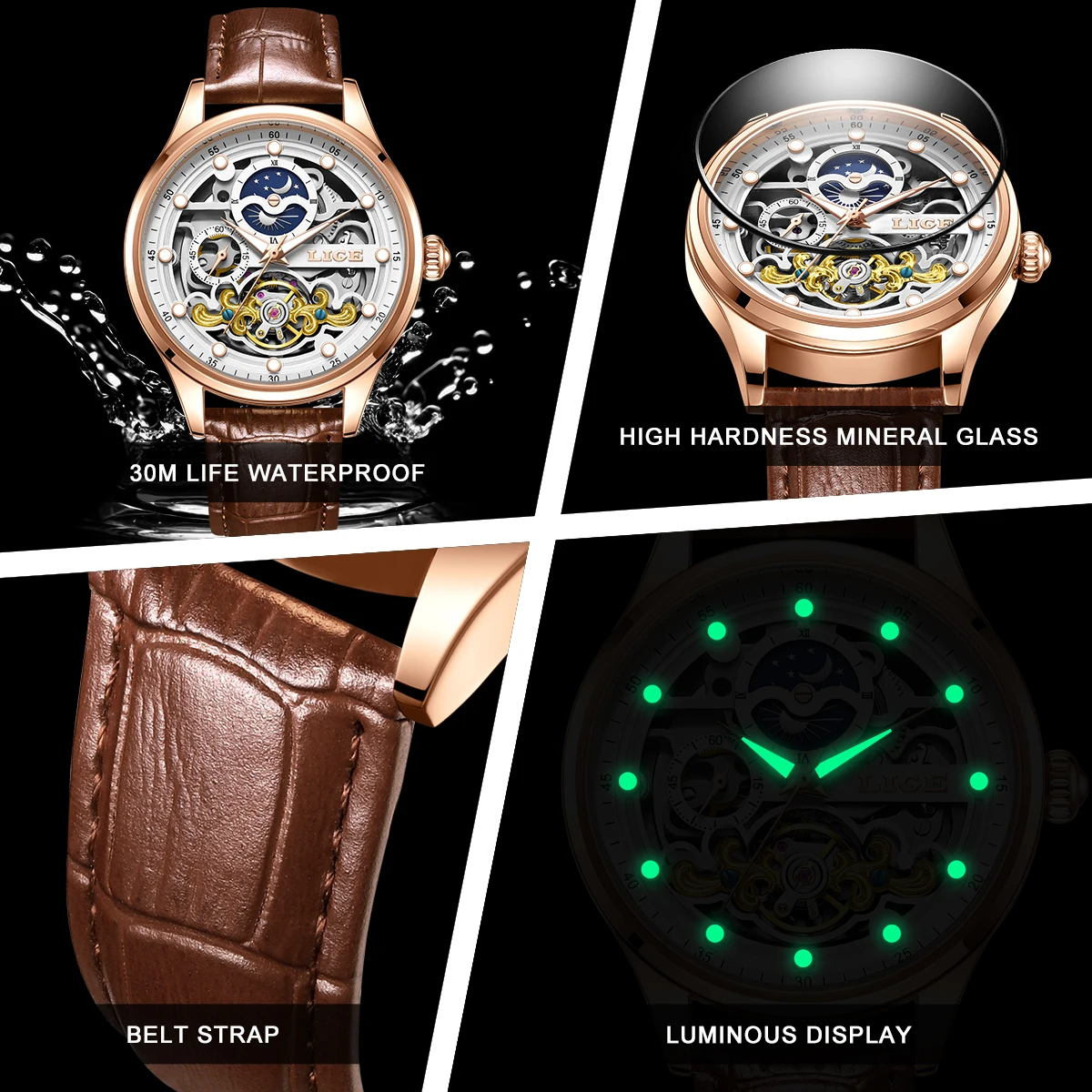 

LIGE New Skeleton Mechanical Automatic Watch Men Tourbillon Sport Clock Watches Casual Business Moon Wrist Watch Relojes Hombre