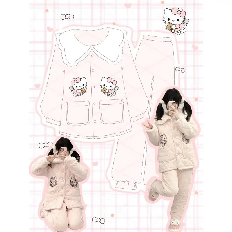 

Kawaii Women's Pajama Set Kuromi Cinnamoroll Anime Cute Coral Velvet Long Sleeve Thicken Warm Nightwear Autumn Winter Homewear
