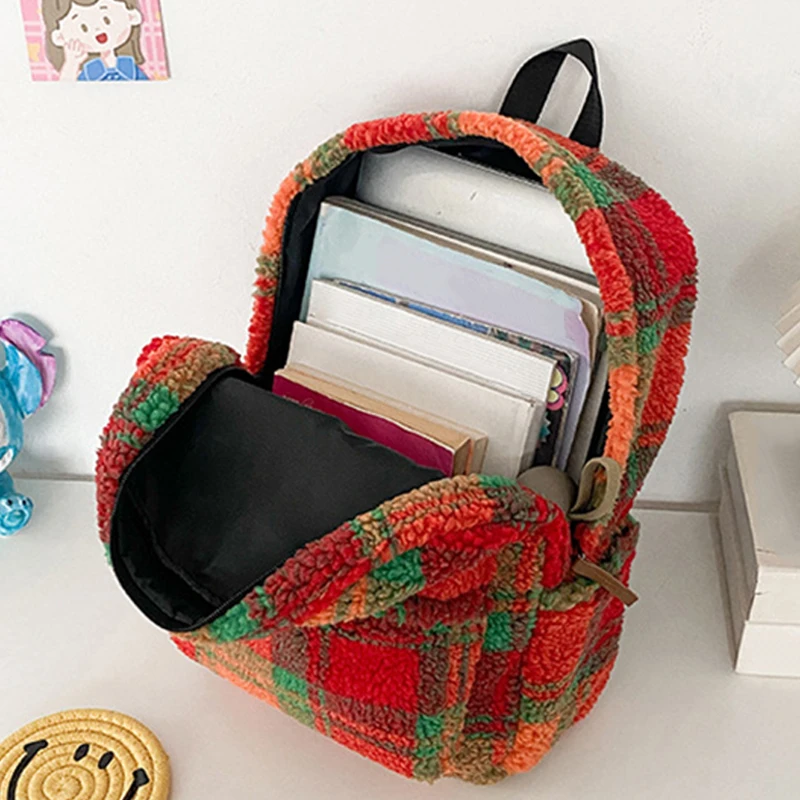 Fluffy Backpack Large Capacity Daypack Multi-Pocket Laptop Pack Winter Soft pack Women Plush School Backpack Vintage Plaid Bag
