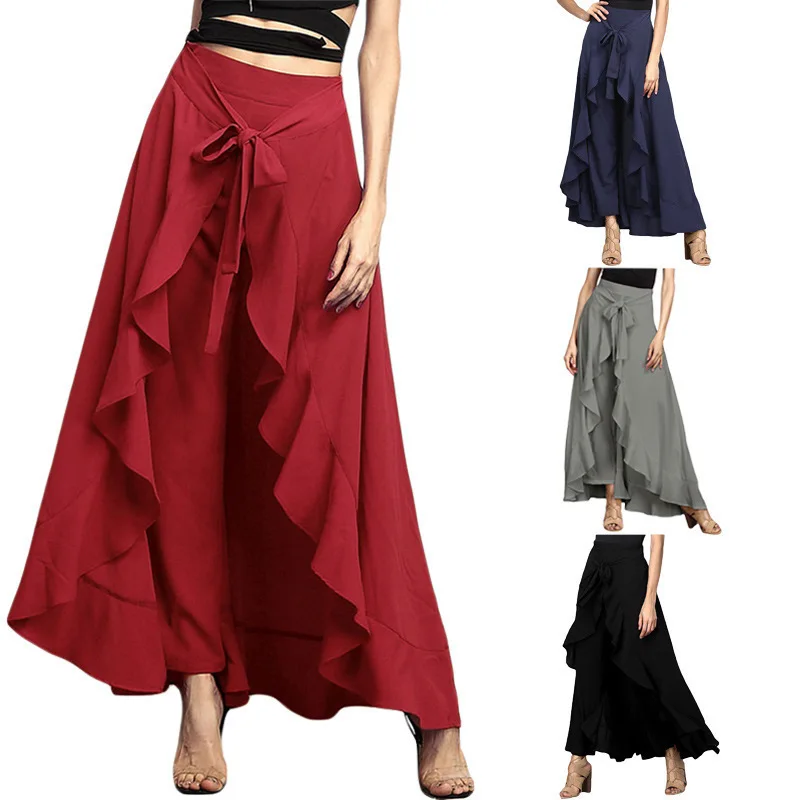 

Women's Elegant Dress Pants Women's Fancy High Waist Lace Up Skirts Irregular Chiffon Ruffled Lace-Up Long Pants For Women