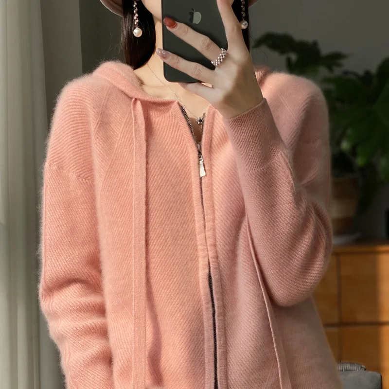 

Autumn and Winter Classics Women's Knitted Wool Hoodie Long Sleeve Zipper Sweater Breathable Soft Loose High Quality Top