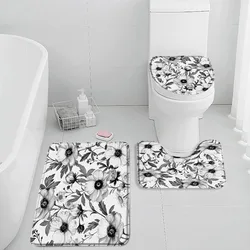 Simple Flowers Black White Bath Mat Set Floral Minimalist Bathroom Decor Abstract Modern Flannel Bathtub Rug Toilet Seat Cover