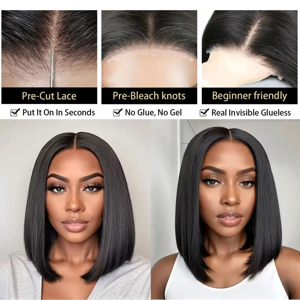 Glueless Wigs Ready to Wear Bob Wig Human Hair Short Bone Straight 5X5 HD Lace Closure Wig Pre Plucked Pre Cut Lace Frontal Wig