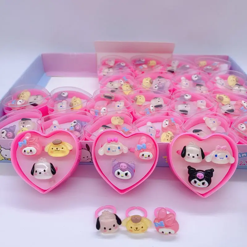 24 Sets Of Cartoon Cinnamoroll My Melody Kuromi Resin Ring Children\'s Creative Love Box Cute Ring Girl Trinkets Children\'s Toys