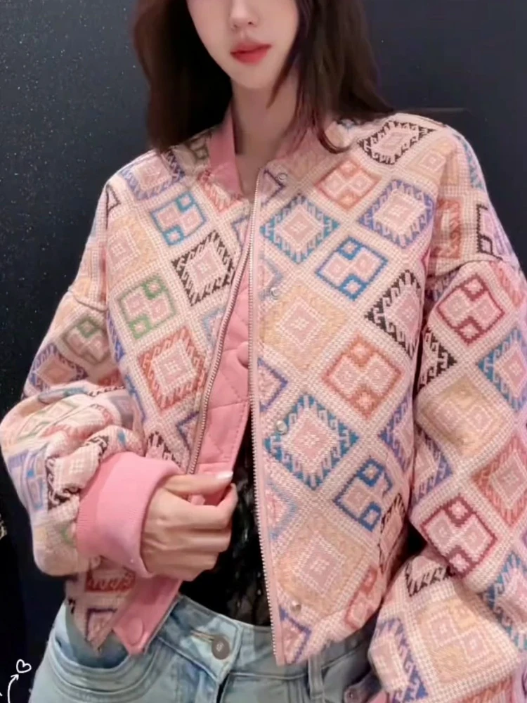 Trends Jacquard O-neck Bomber Jacket Women's Coat Spring Autumn New Versatile Loose Casual Jacket Long-sleeved Top Clothes