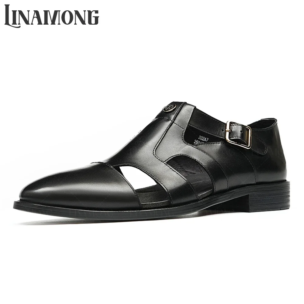 

Hollow Leather Sandals for Men Breathable Genuine Leather Business Dress Shoes for Summer Designer Buckle Breathable Men Sandals