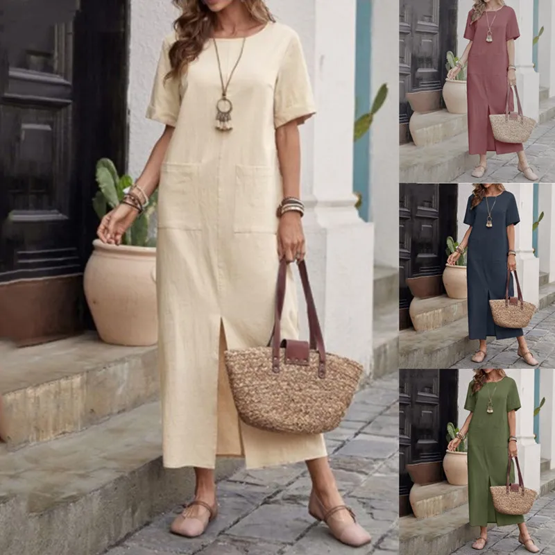 

Solid Short Sleeve Women Long Dresses O Neck Dress Spliced Pockets Casual Loose Fit Straight 2025 Slight Strech Ankle Length