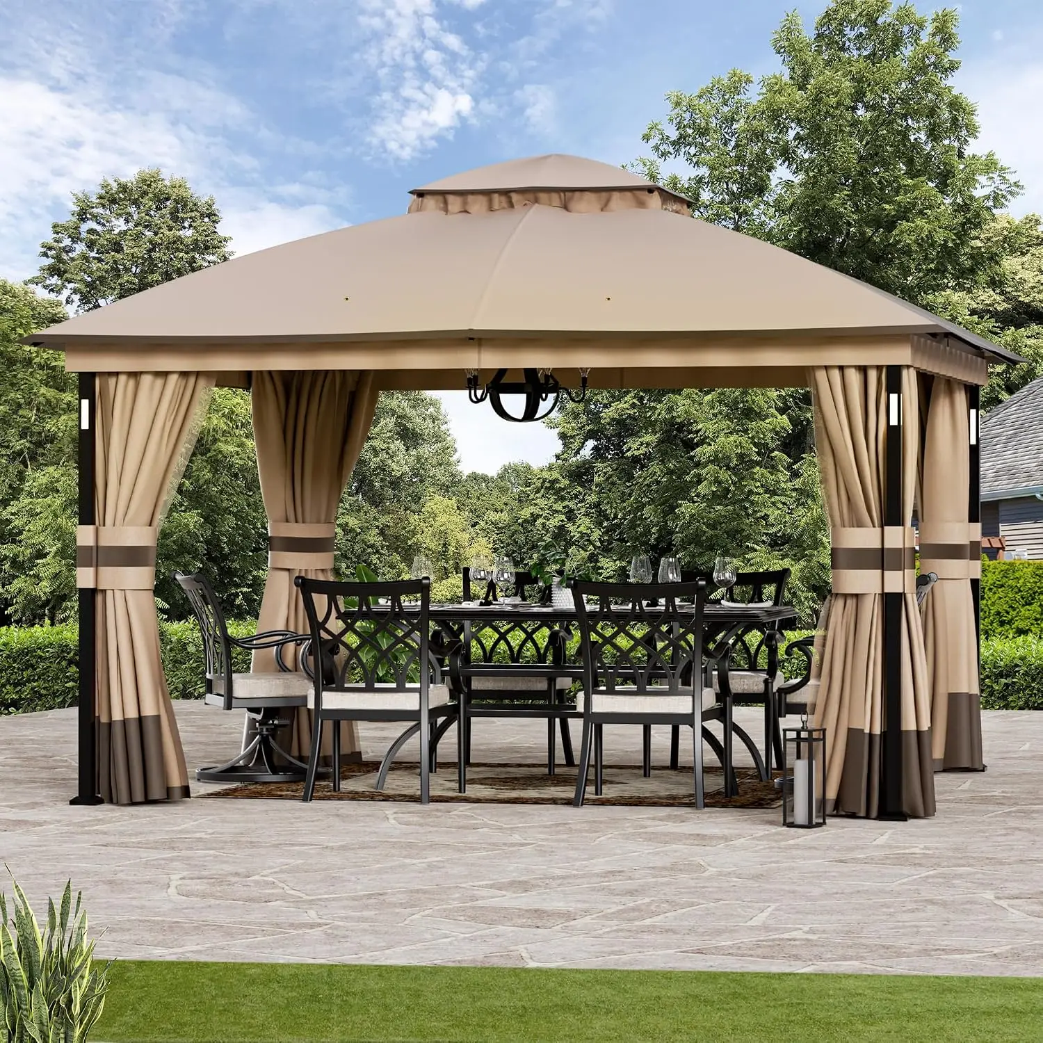^Patio Gazebo 11'x13' with LED Lights & Bluetooth Speaker, Heavy Duty Outdoor Canopy Shelter with Metal Frame, Double Roofs