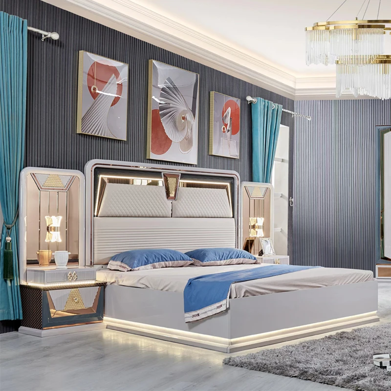 

A Wholesale New Design King Size Double Bed Set LED Light Leather Headboard Wooden Modern Luxury Full Bedroom Sets Furniture