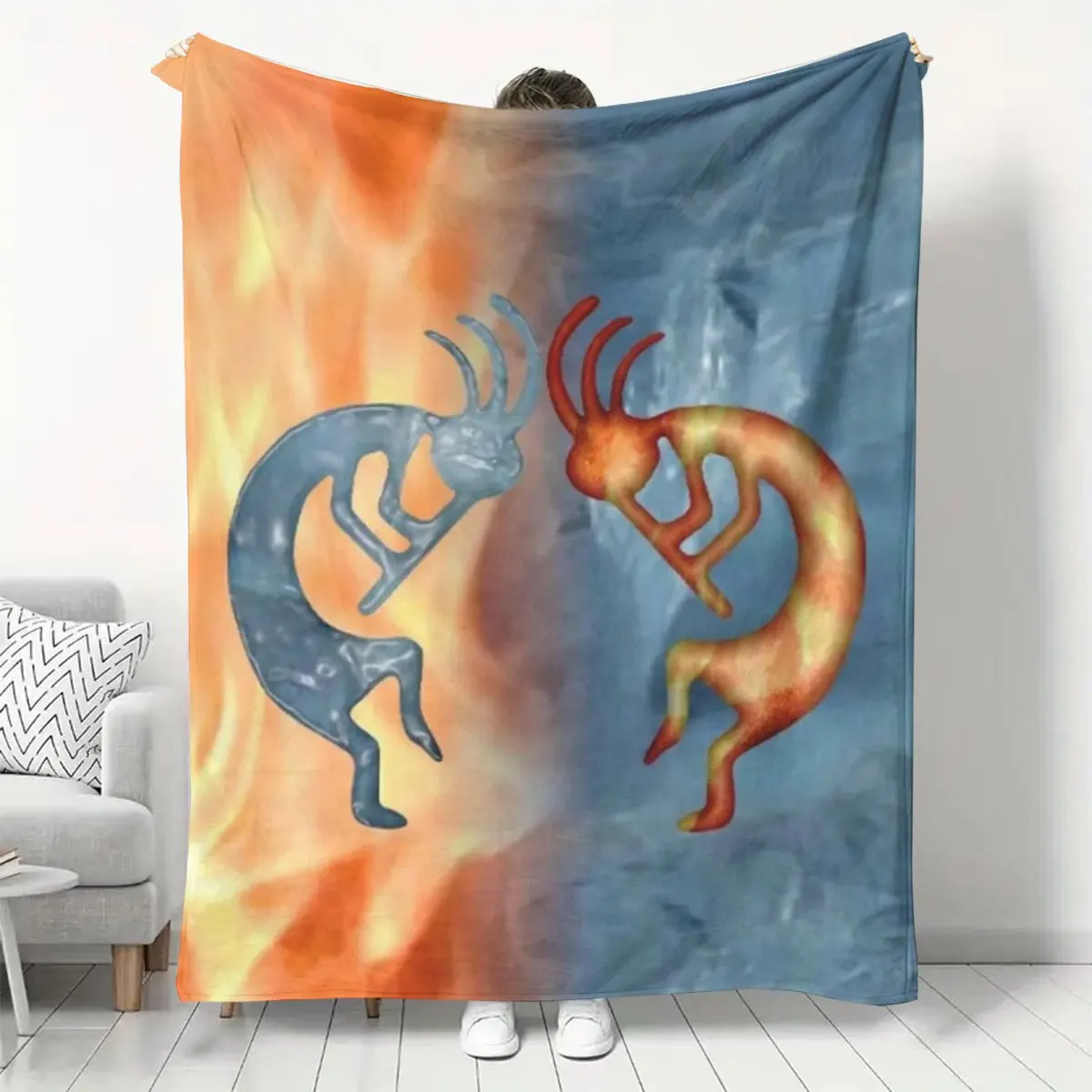 Kokopelli Native Tribal Flannel Throw Blanket Southwest Ethnic Fire Ice Abstract Art Print Soft Lightweight Blanket for Sofa Bed