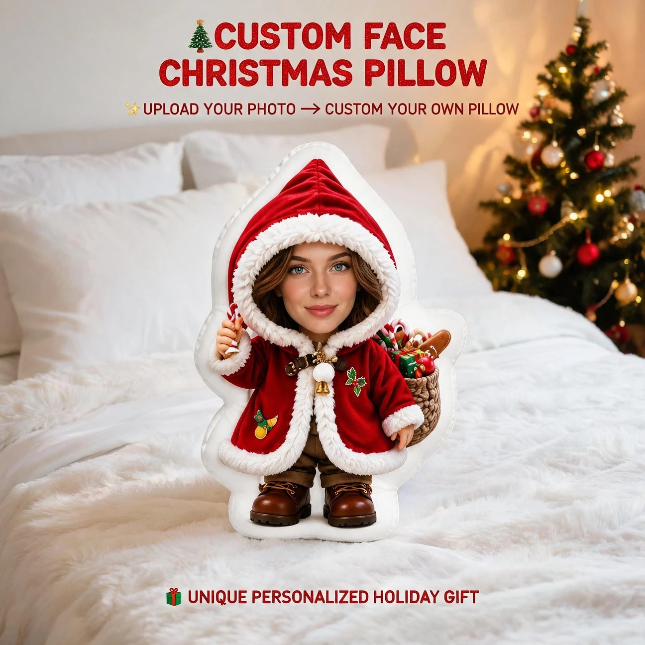 Custom Personalized Photo Face Pillow, Red Christmas Outfit Custom Shaped Decorative Cushion, Unique Home Decor Accent for Sofa