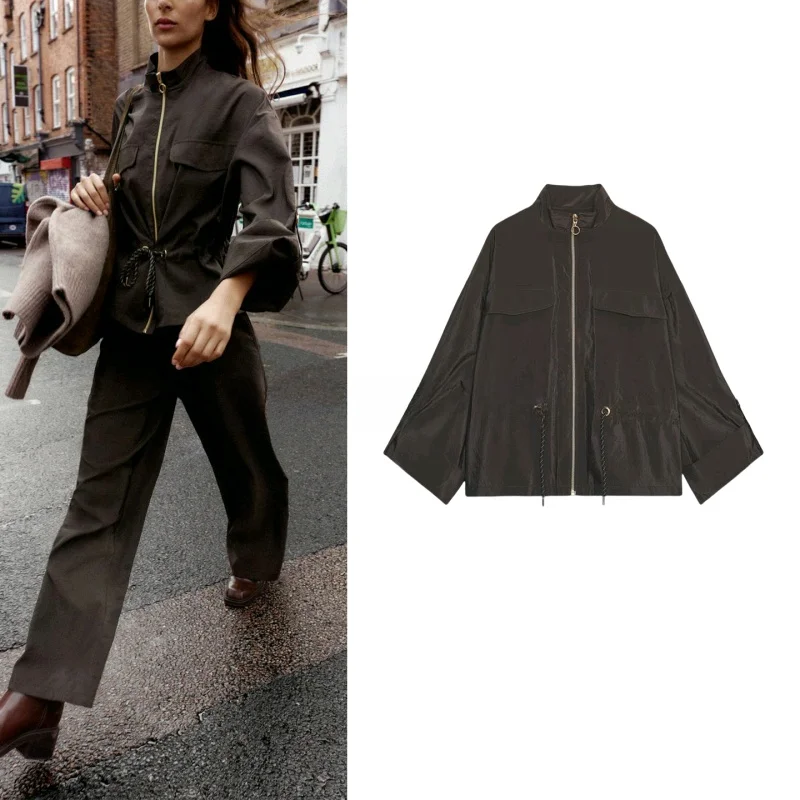 Chaqueta de otoño nueva para mujer, estilo workwear con múltiples bolsillos, traje de caza con cremallera, abrigo con cinturó...
