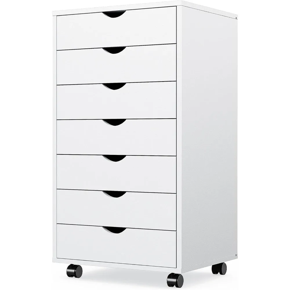 

7 Drawer Chest - Storage Cabinets Dressers Wood Dresser Cabinet with Wheels Mobile Organizer Drawers for Office, Home, White