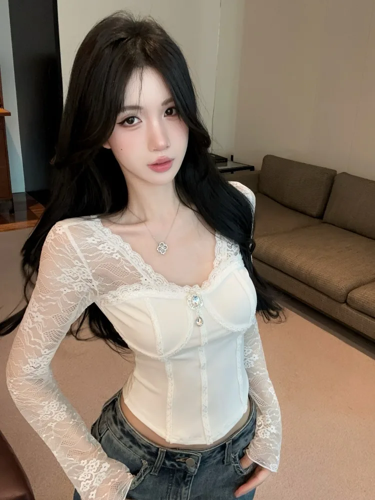

Spring Autumn Lace Splicing V-neck Knitted Long Sleeve T-shirt Slimming Pure Desire Fashion Top Women's plus Size Base Layer